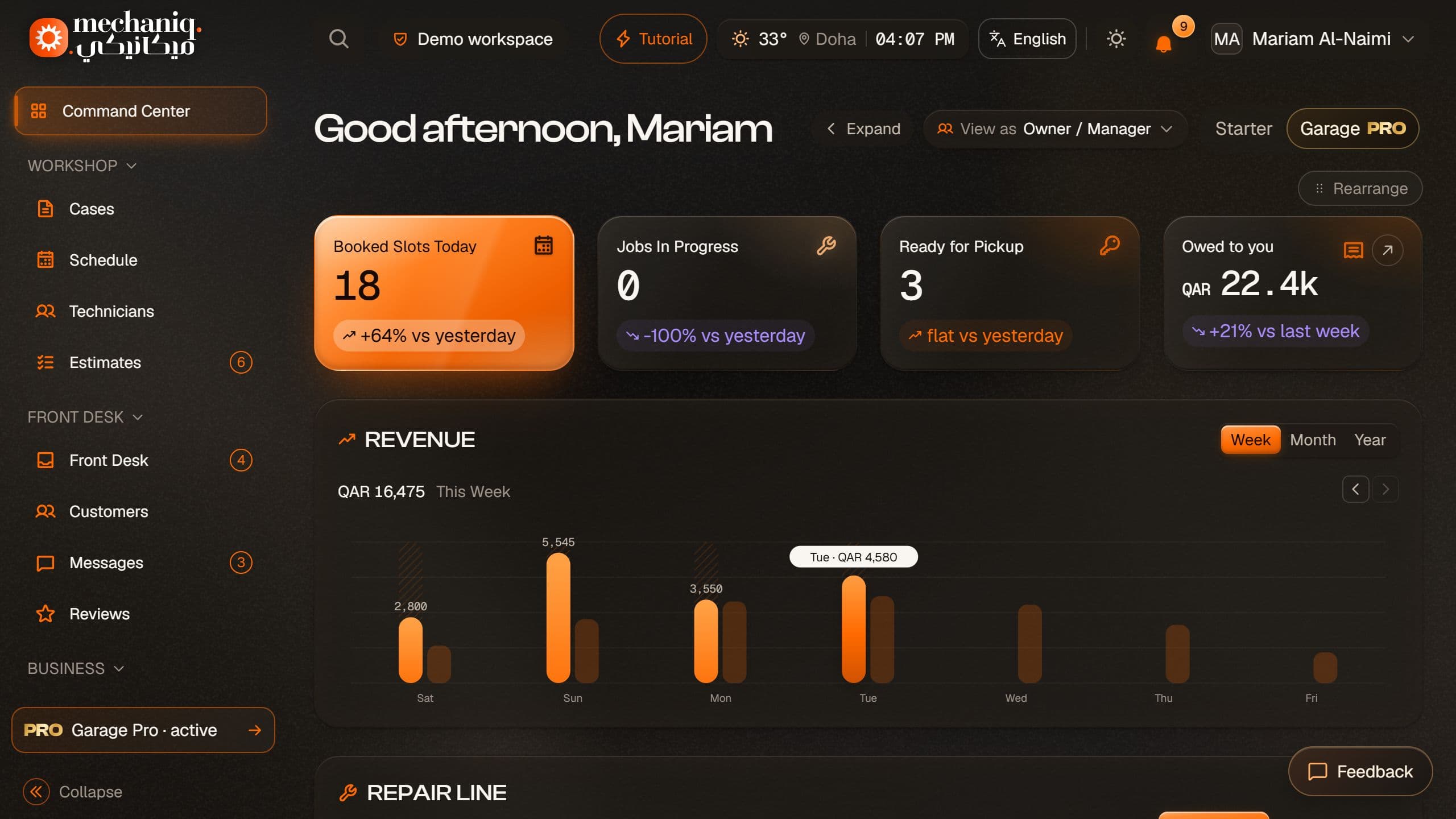 Garage demonstration dashboard