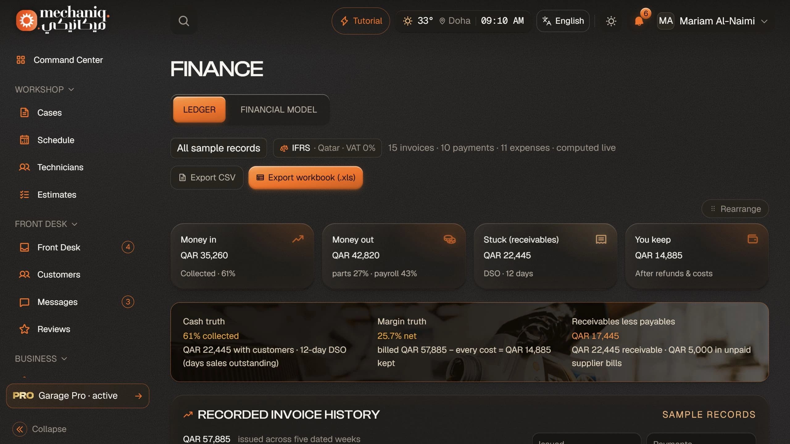 Garage finance demonstration dashboard