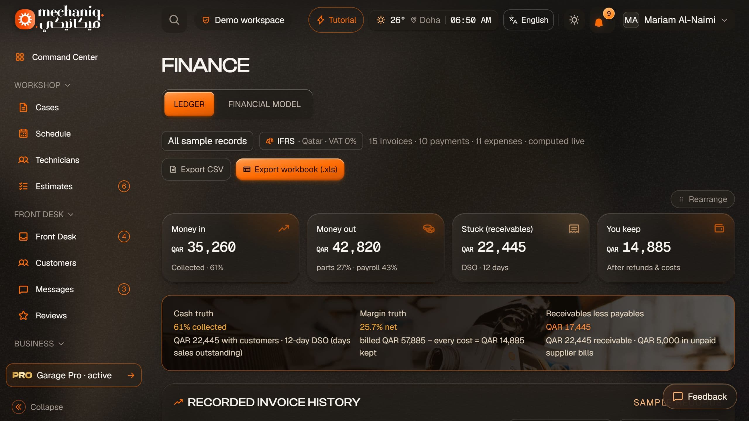 Garage finance demonstration dashboard