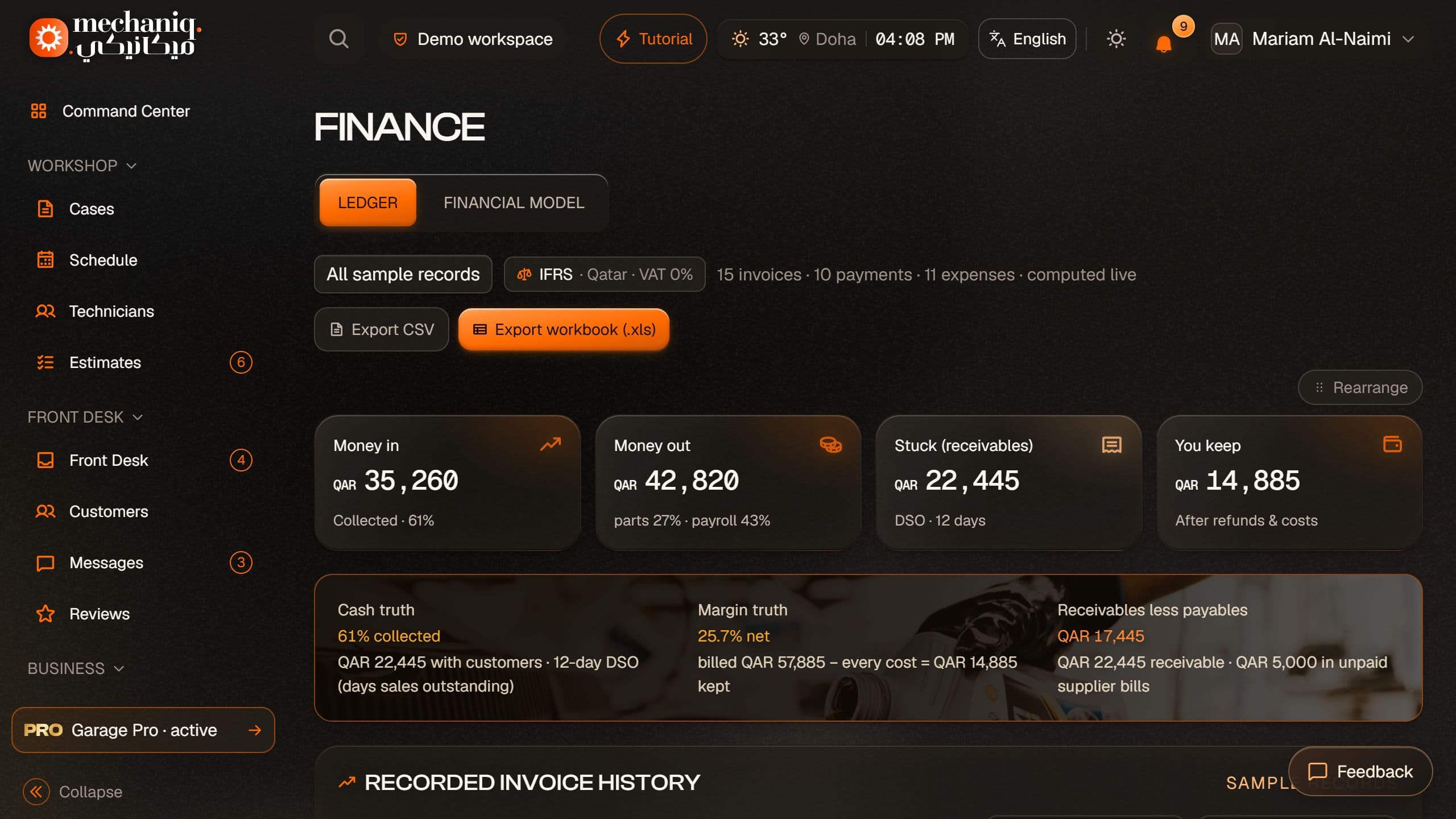 Garage finance demonstration dashboard