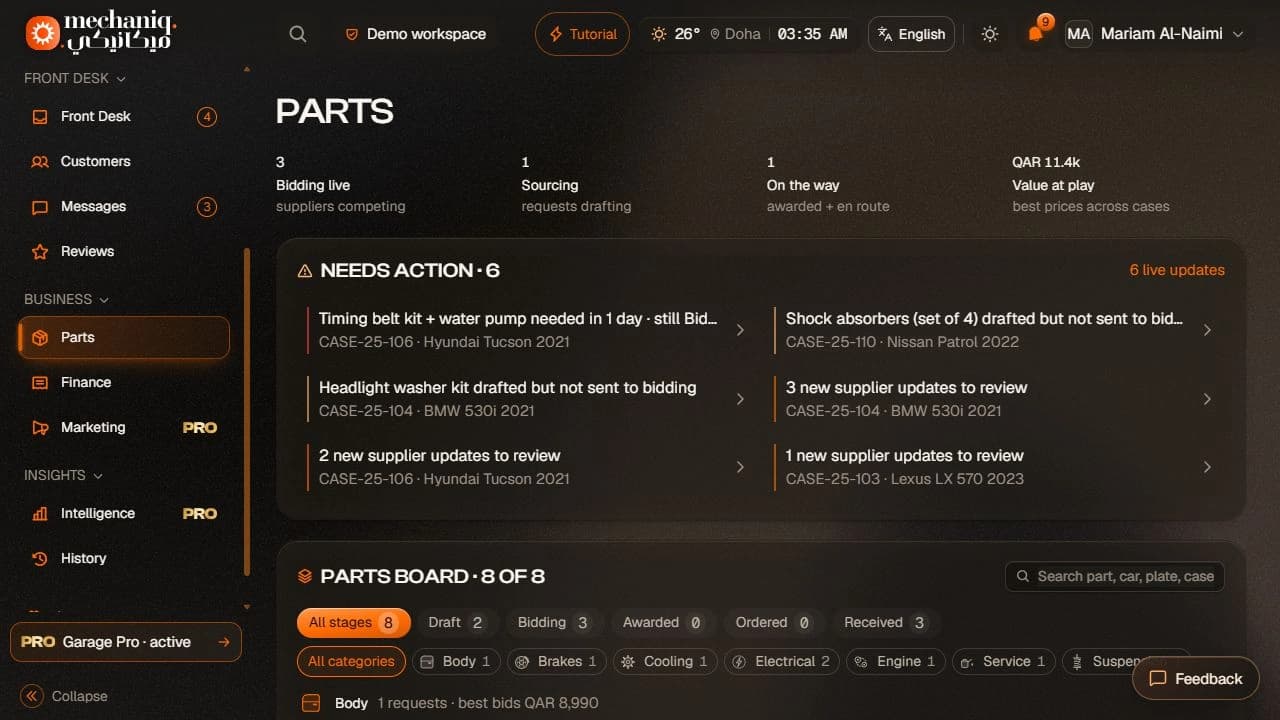 Parts demonstration dashboard