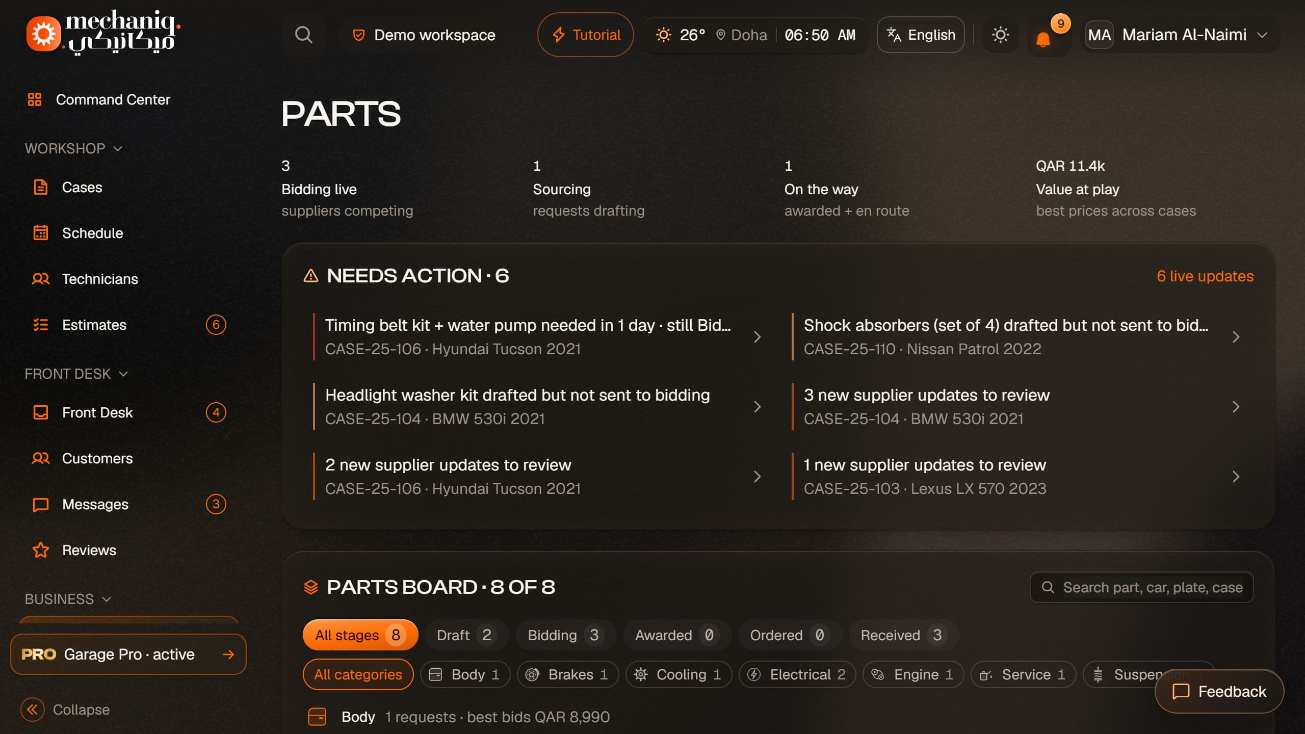 Parts demonstration dashboard