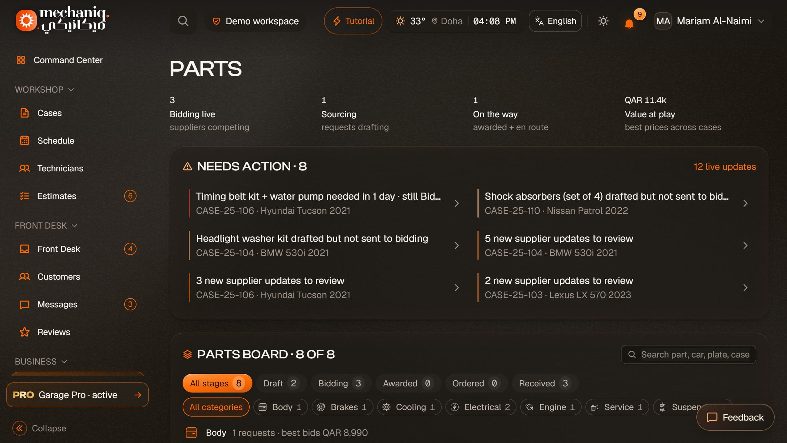 Parts demonstration dashboard