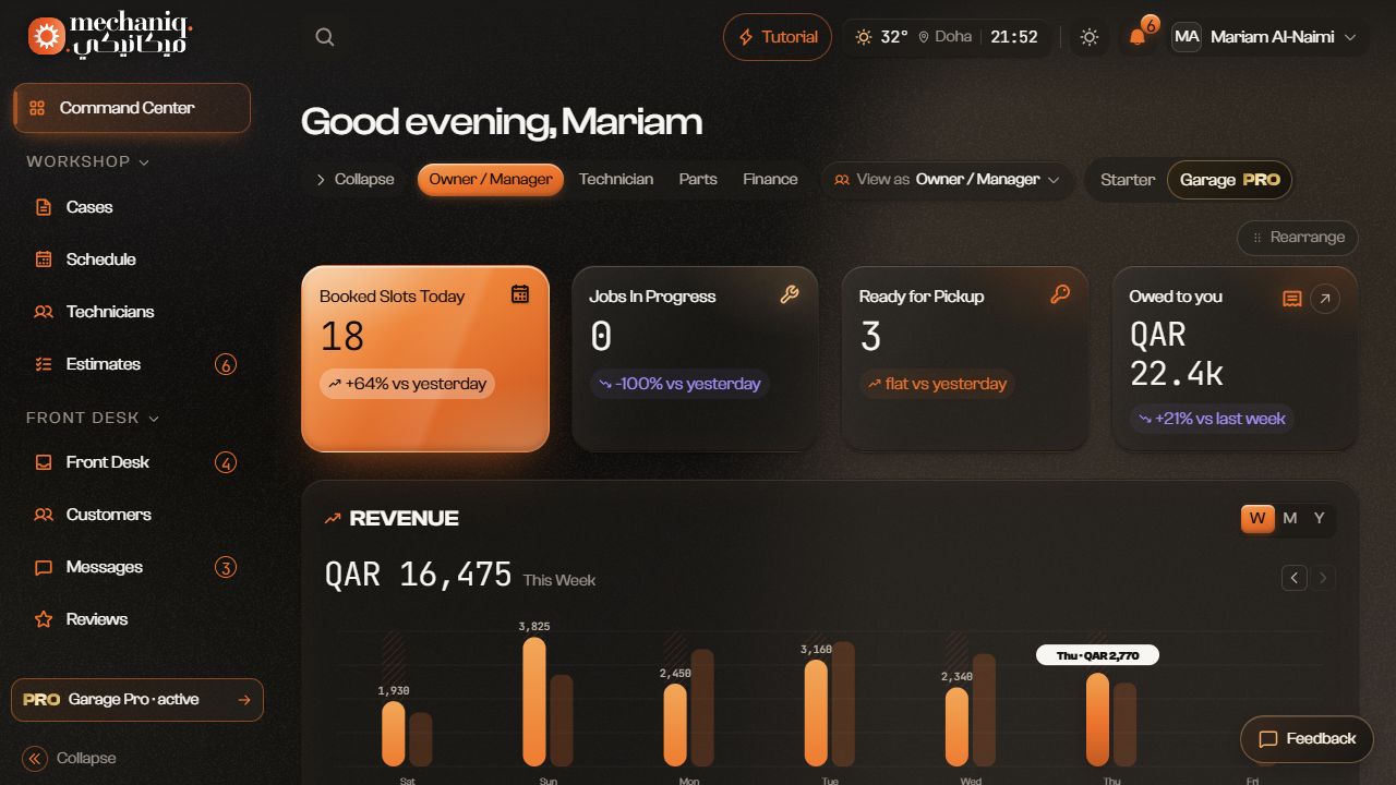 Garage overview — sample data