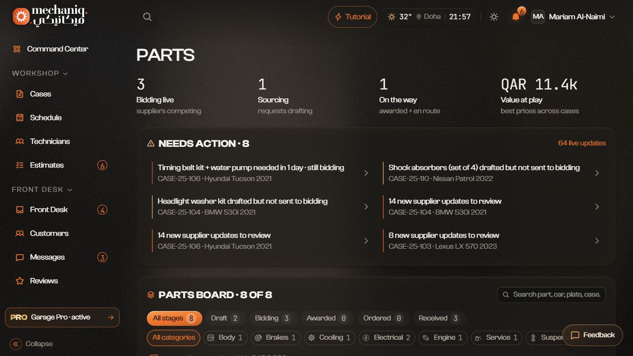 Parts requests and sealed quotes — sample data