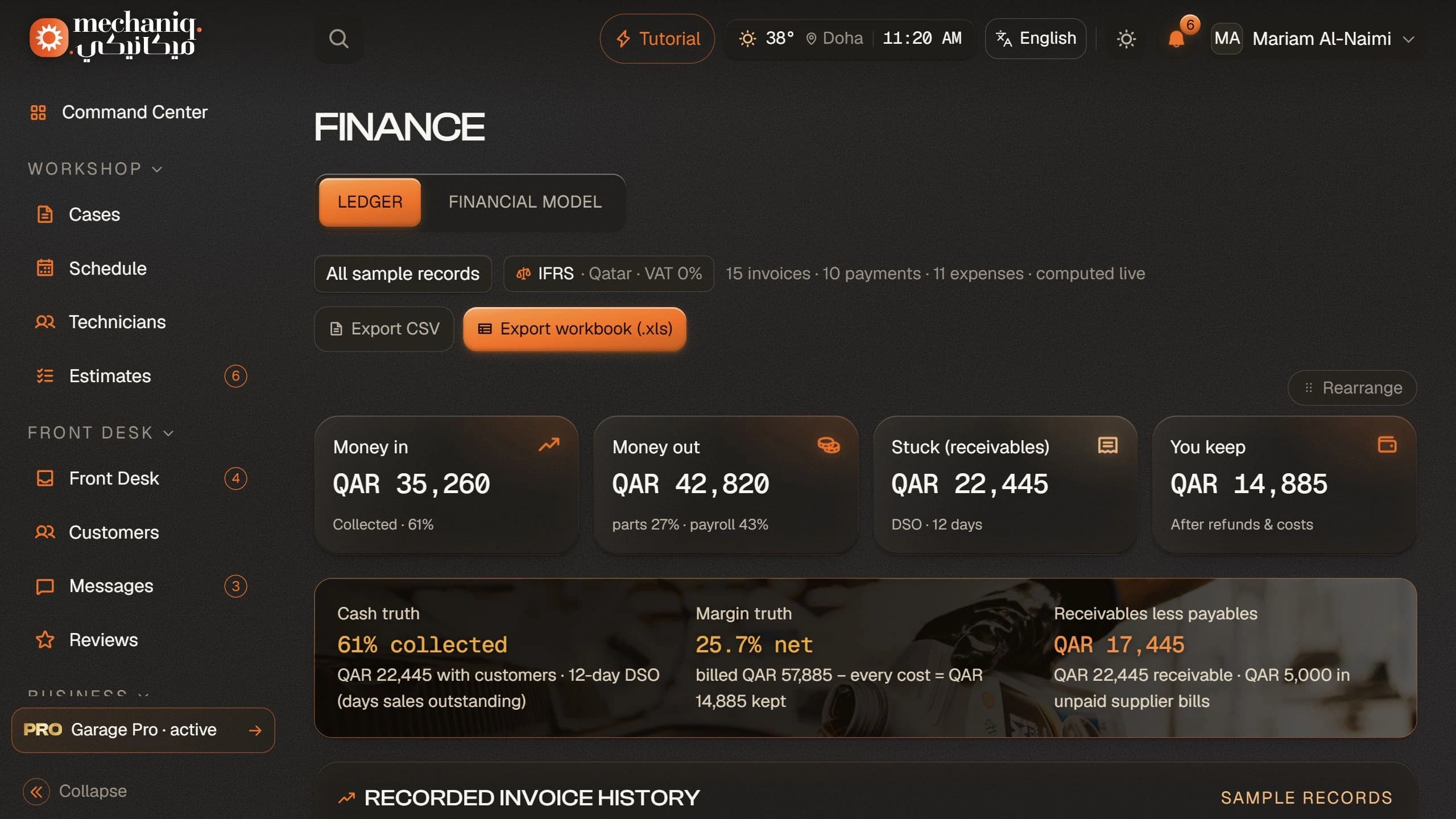Garage finance demonstration dashboard