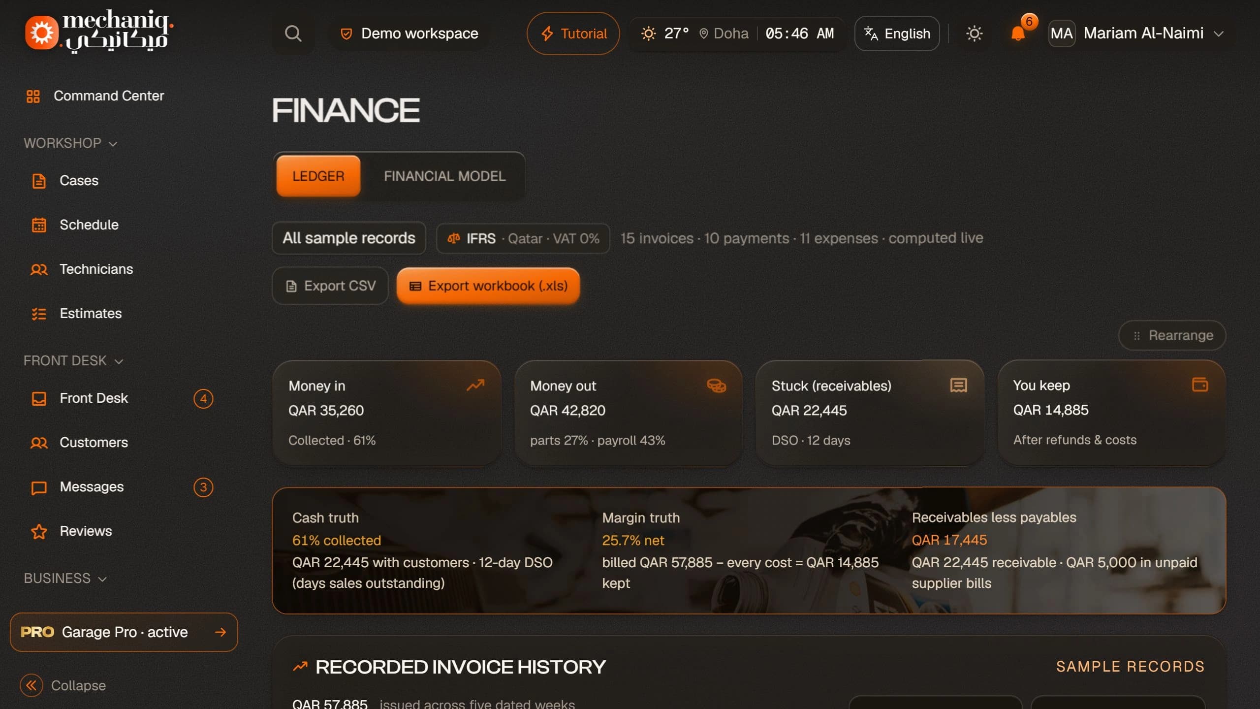 Garage finance demonstration dashboard