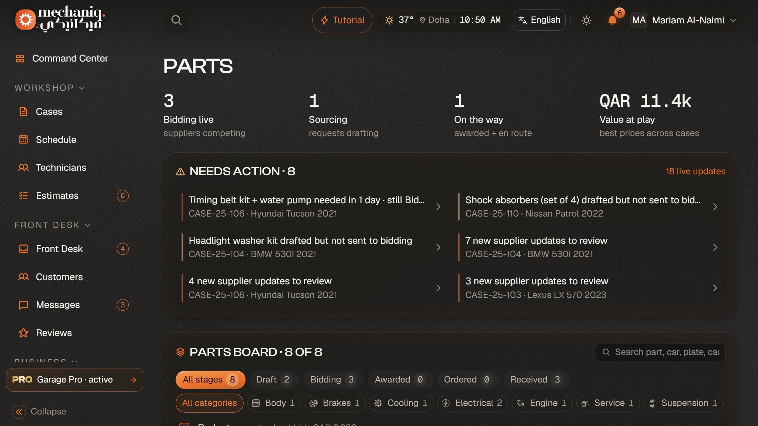 Parts demonstration dashboard