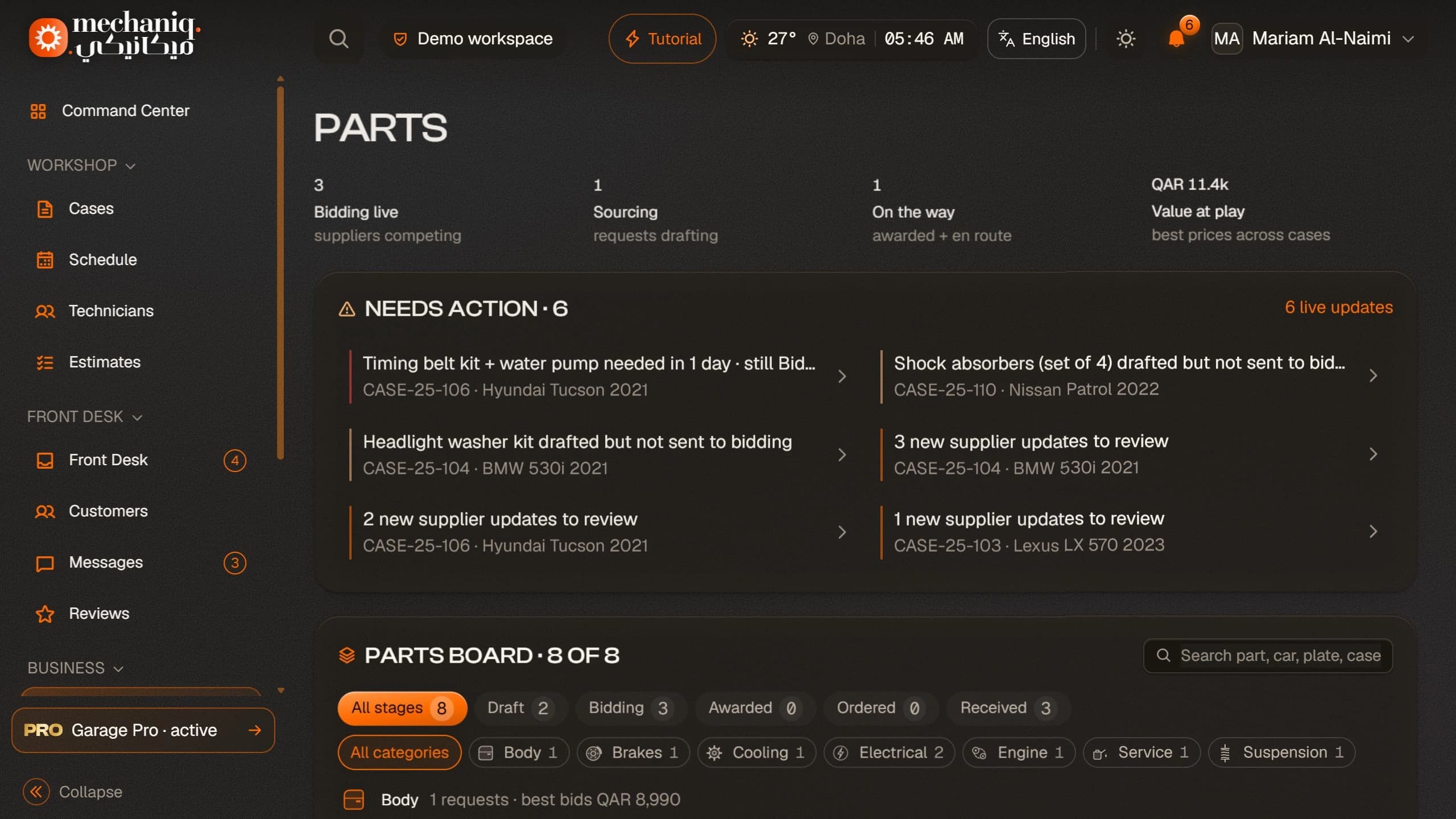Parts demonstration dashboard