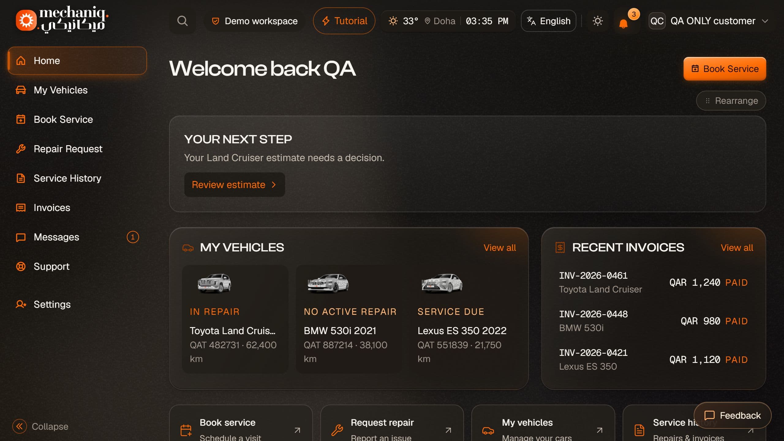 Car owner demonstration dashboard